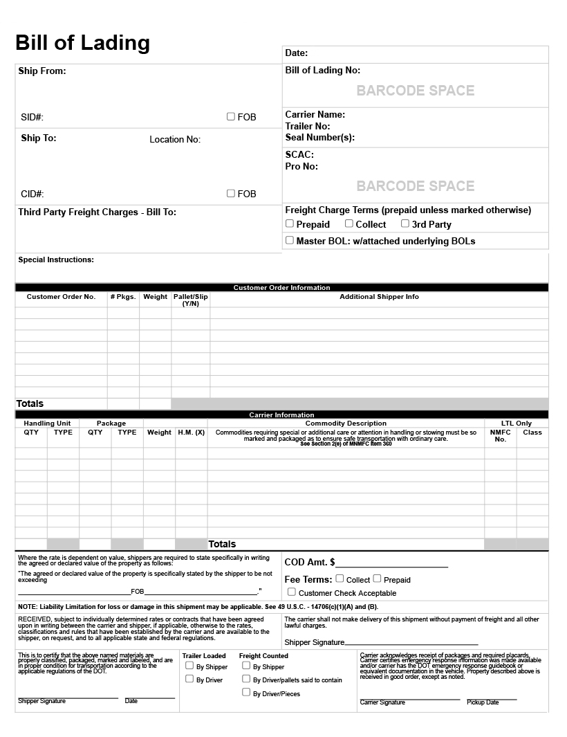 An example of the bill of lading form