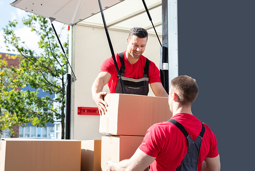 The Professional Movers Carry Cardboard Boxes