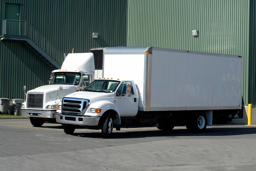 Two white moving trucks parked at the warehouse parking lot